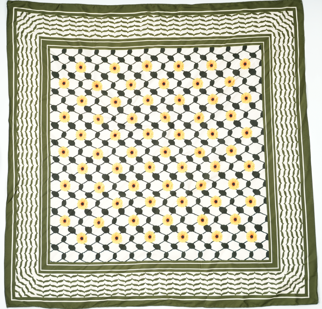 Details der Bandana Kufiya in Oliv mit Blumenprint - Aus Palästina