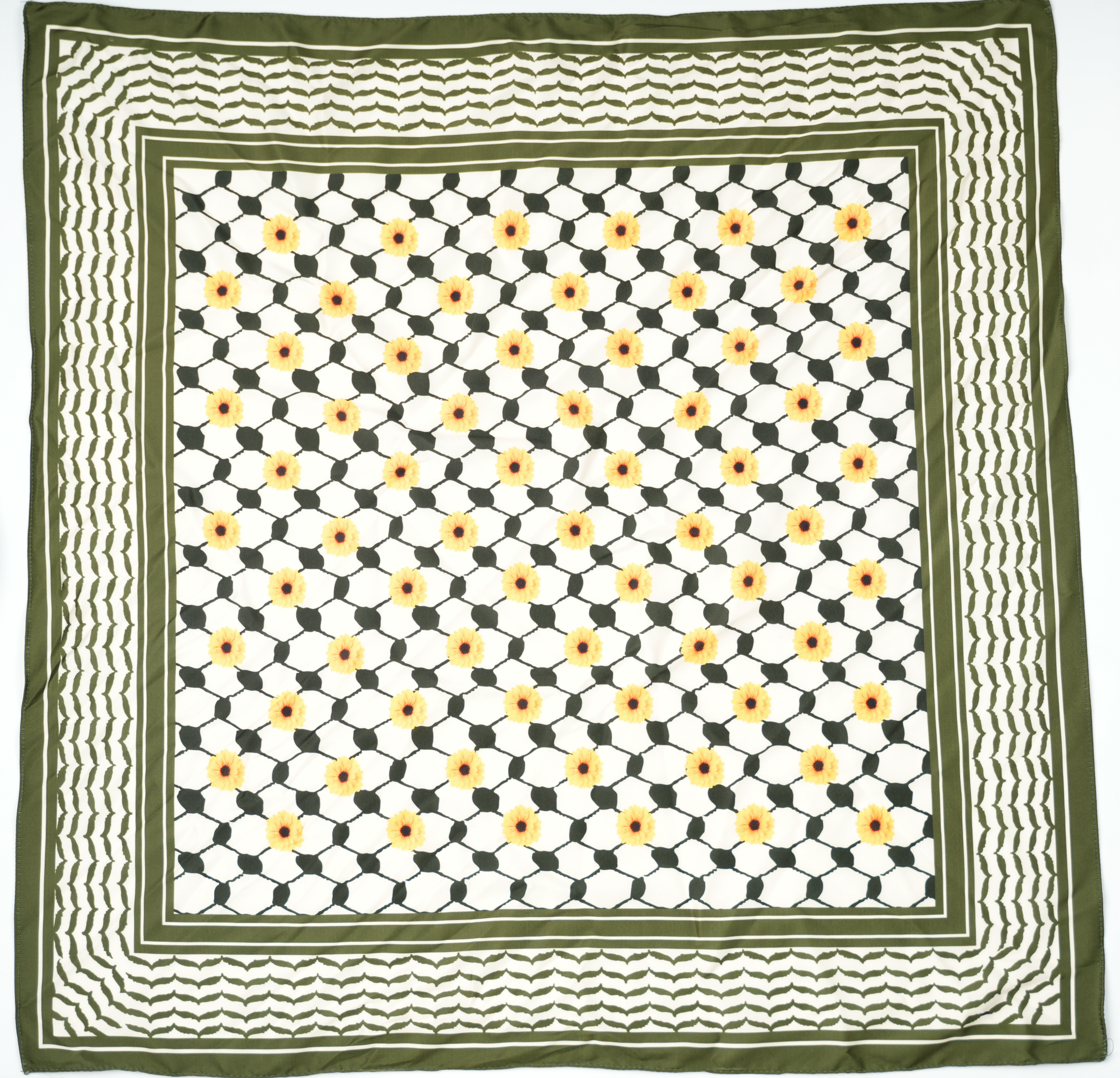 Details der Bandana Kufiya in Oliv mit Blumenprint - Aus Palästina